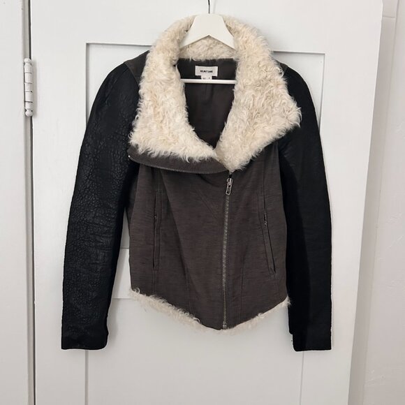 Helmut Lang Jacket: Black Leather Sleeves, Shearling Detail and Cotton Size: P - Picture 2 of 6